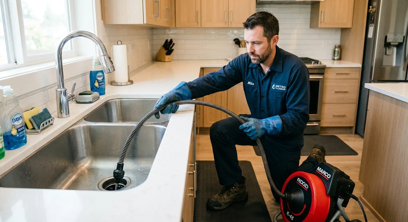 Drain cleaning technician using a motorized snake on a kitchen sink in Lake Stickney