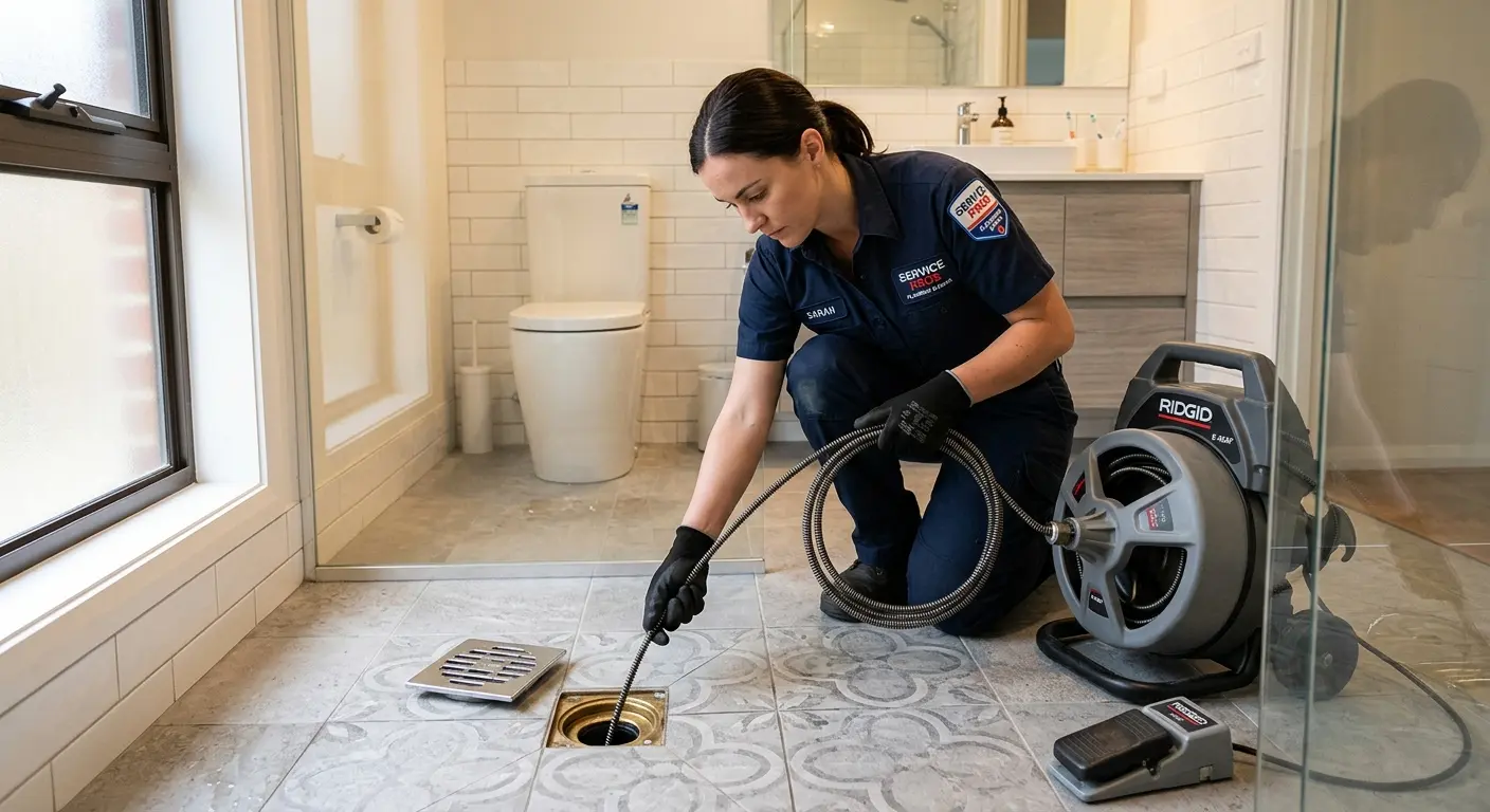 Technician clearing a bathroom floor drain for Sewer Line Replacement in Lake Stickney